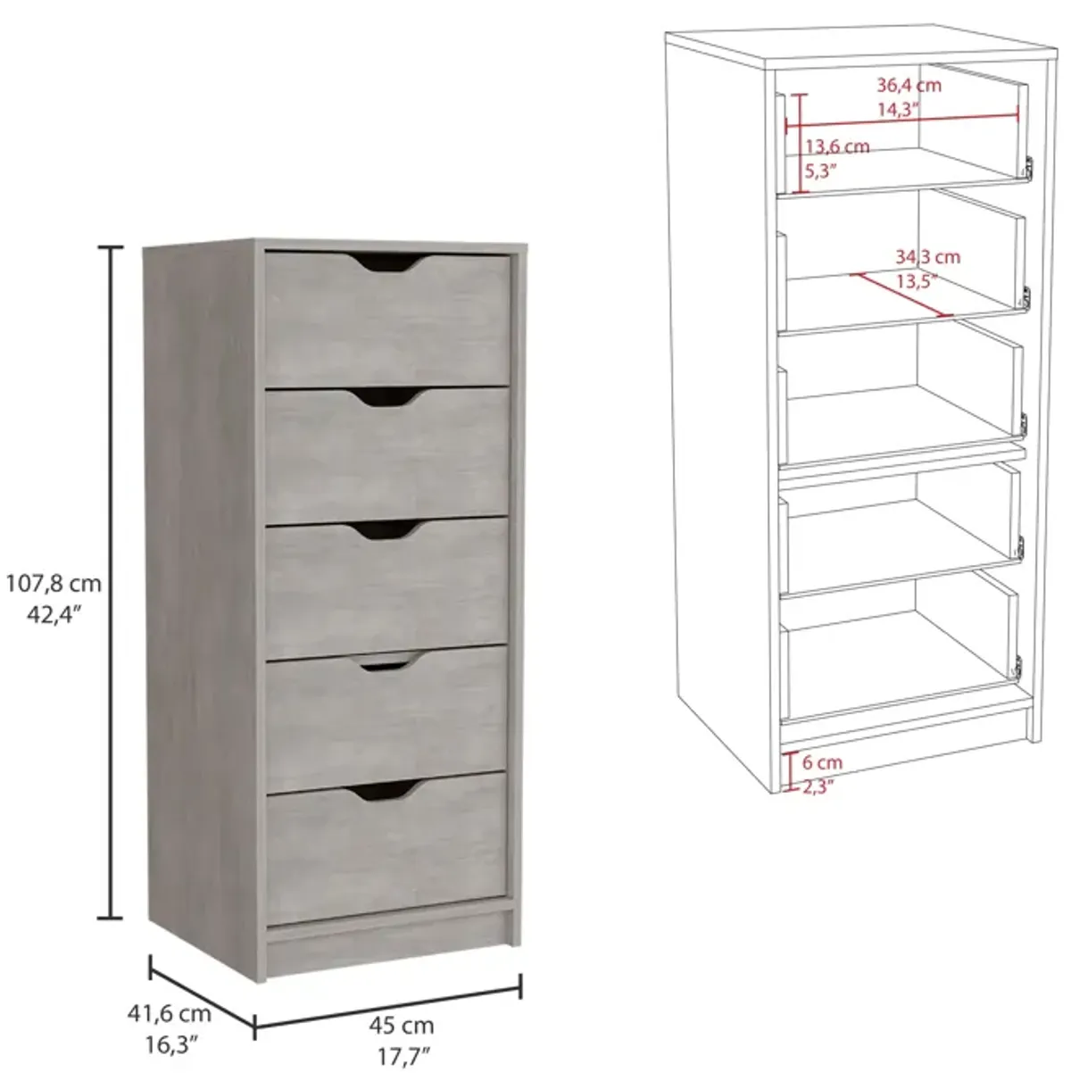 Basilea 5 Drawers Tall Dresser, Pull Out System -Concrete Gray