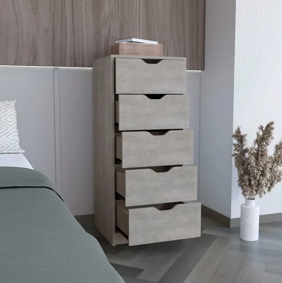 Basilea 5 Drawers Tall Dresser, Pull Out System -Concrete Gray