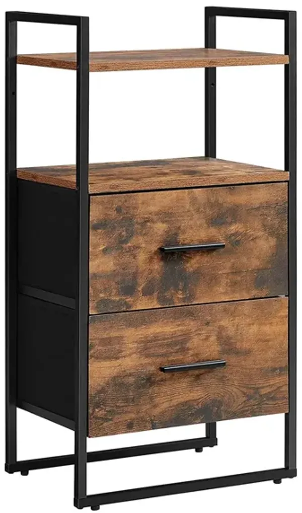 Hivvago Industrial Brown Nightstand with Shelf & 2 Fabric Drawers