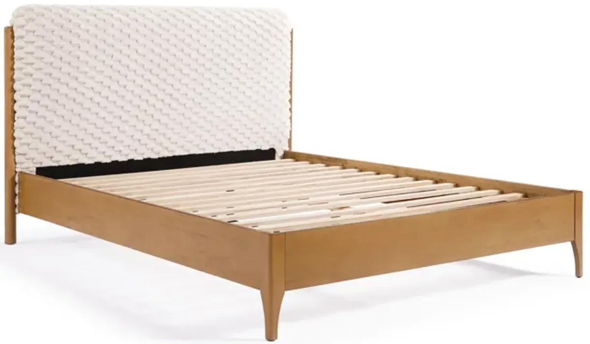 LuxenHome Quilted Upholstered Headboard with Rubberwood Frame Platform Bed, Queen