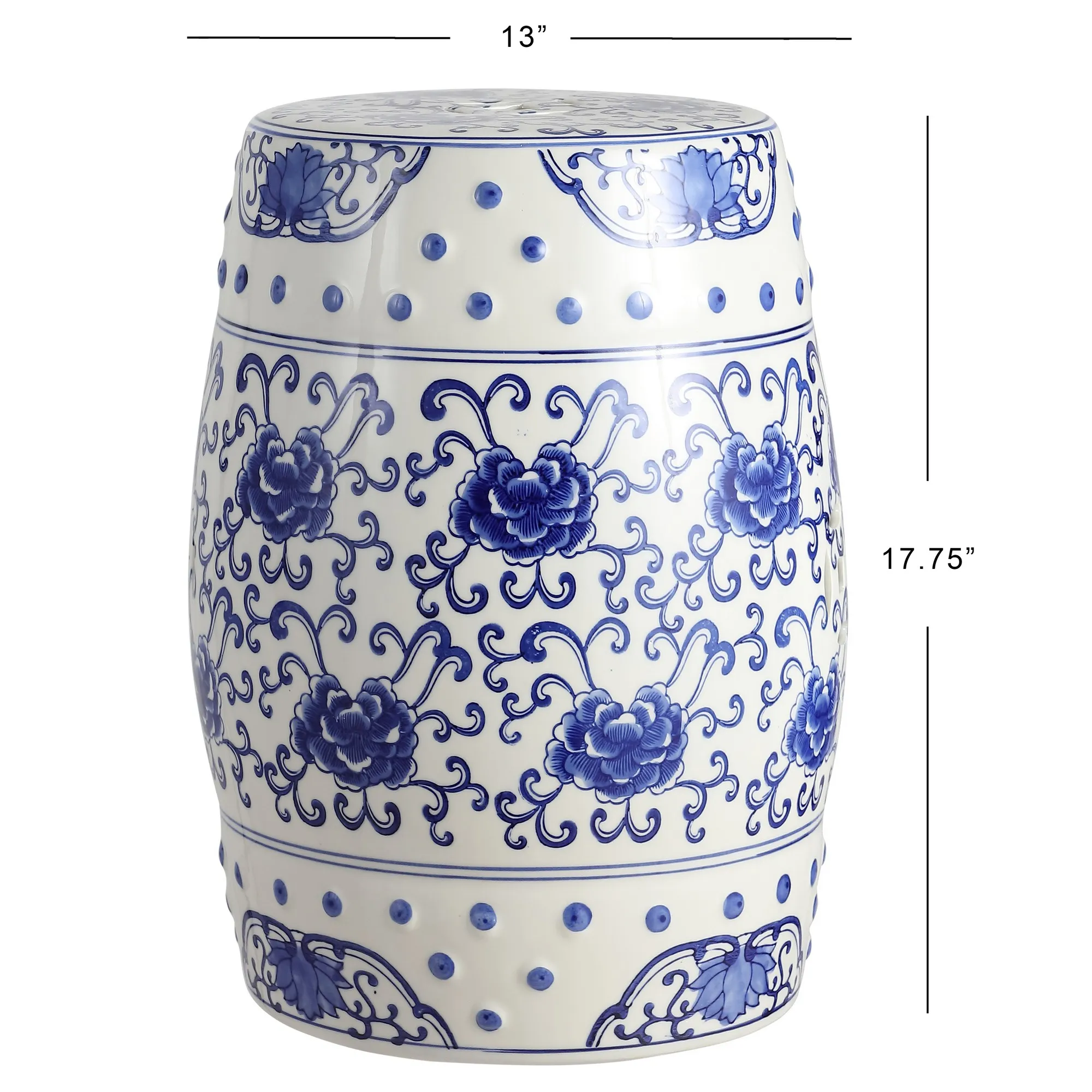 Lotus Flower 17.8" Chinoiserie Ceramic Drum Garden Stool, Blue/White