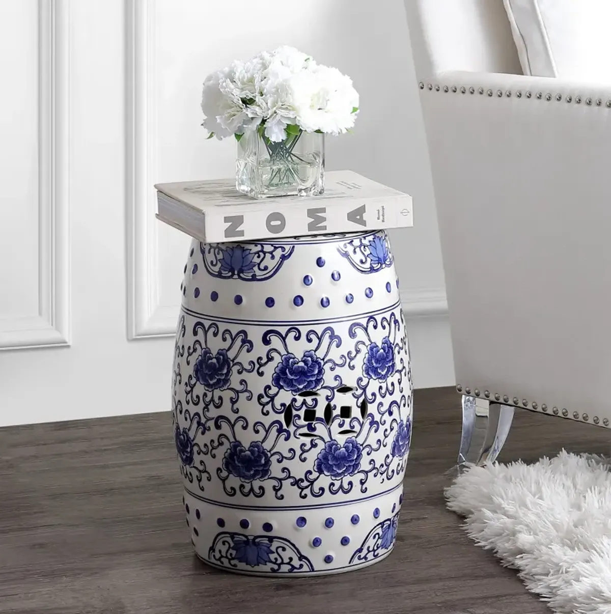 Lotus Flower Chinoiserie Ceramic Drum Garden Stool