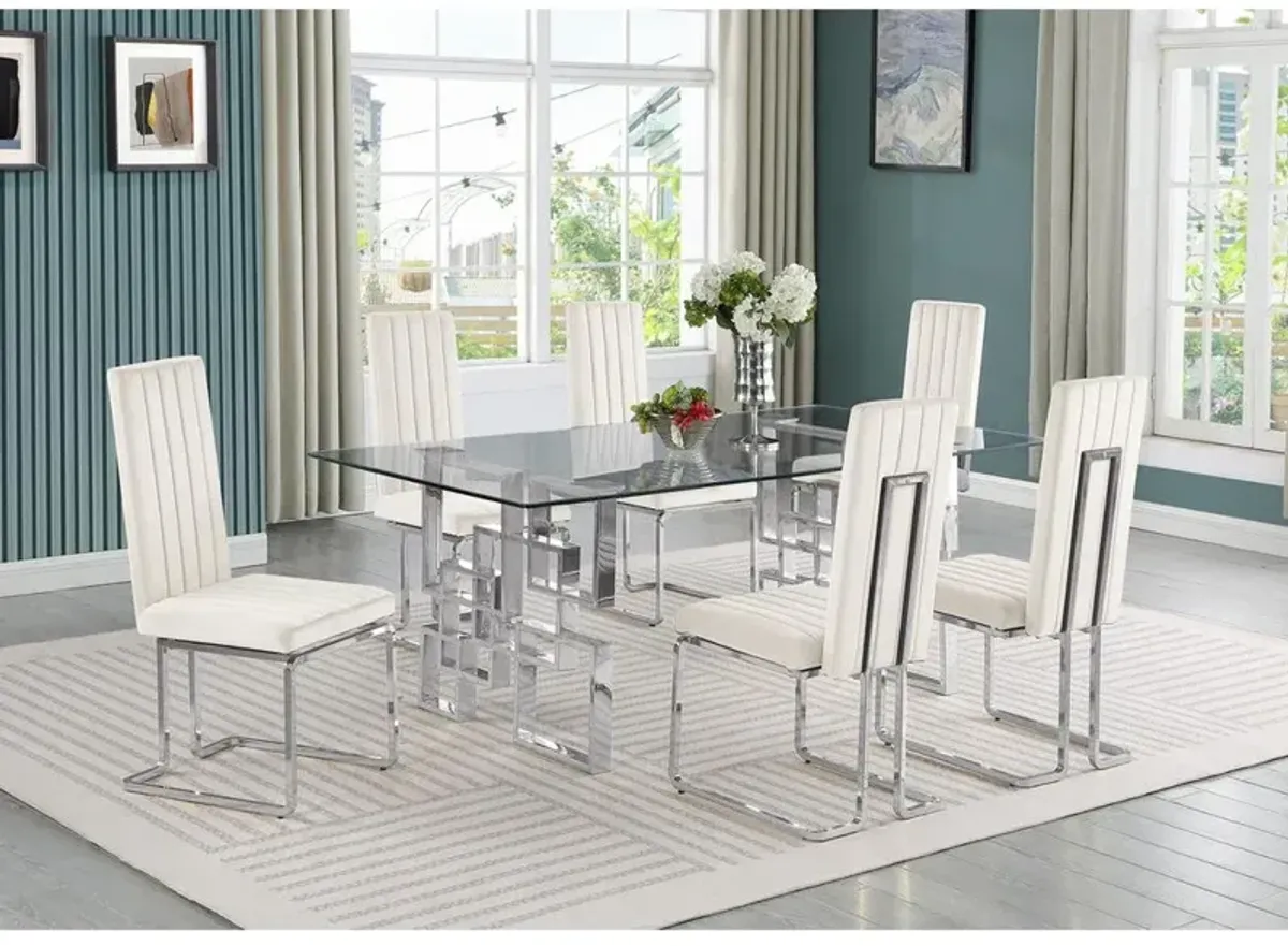 7-piece glam dining set with 6 Cream side chairs and one 79" glass dining table