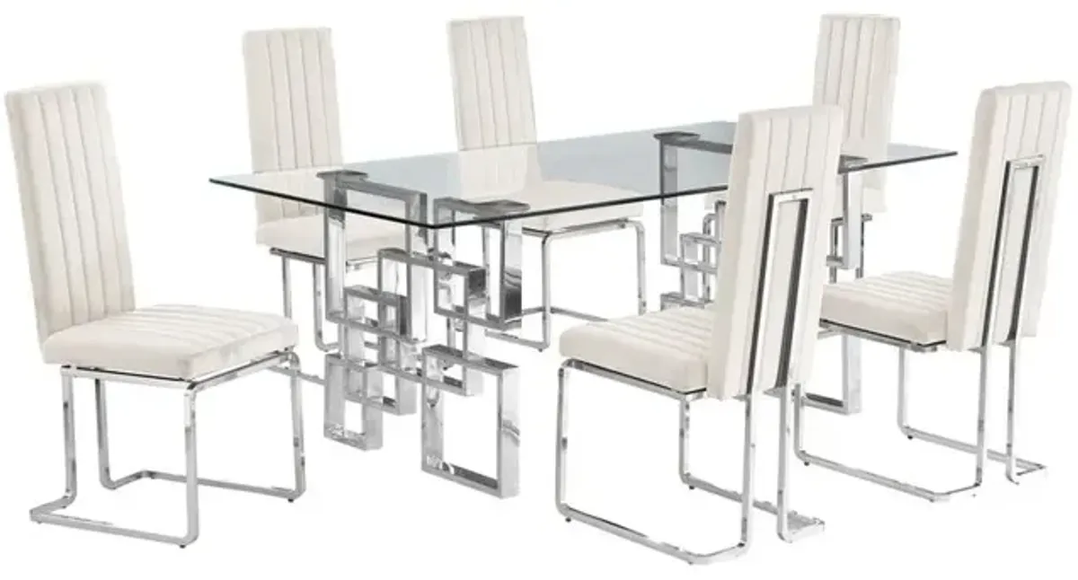 7-piece glam dining set with 6 Cream side chairs and one 79" glass dining table