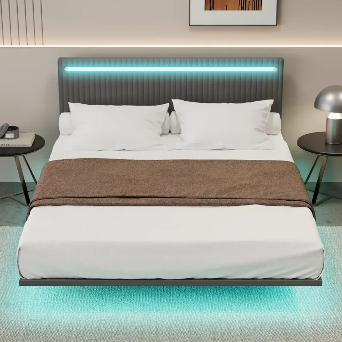 Merax Modern Upholstered Floating Bed Frame with LED Lights