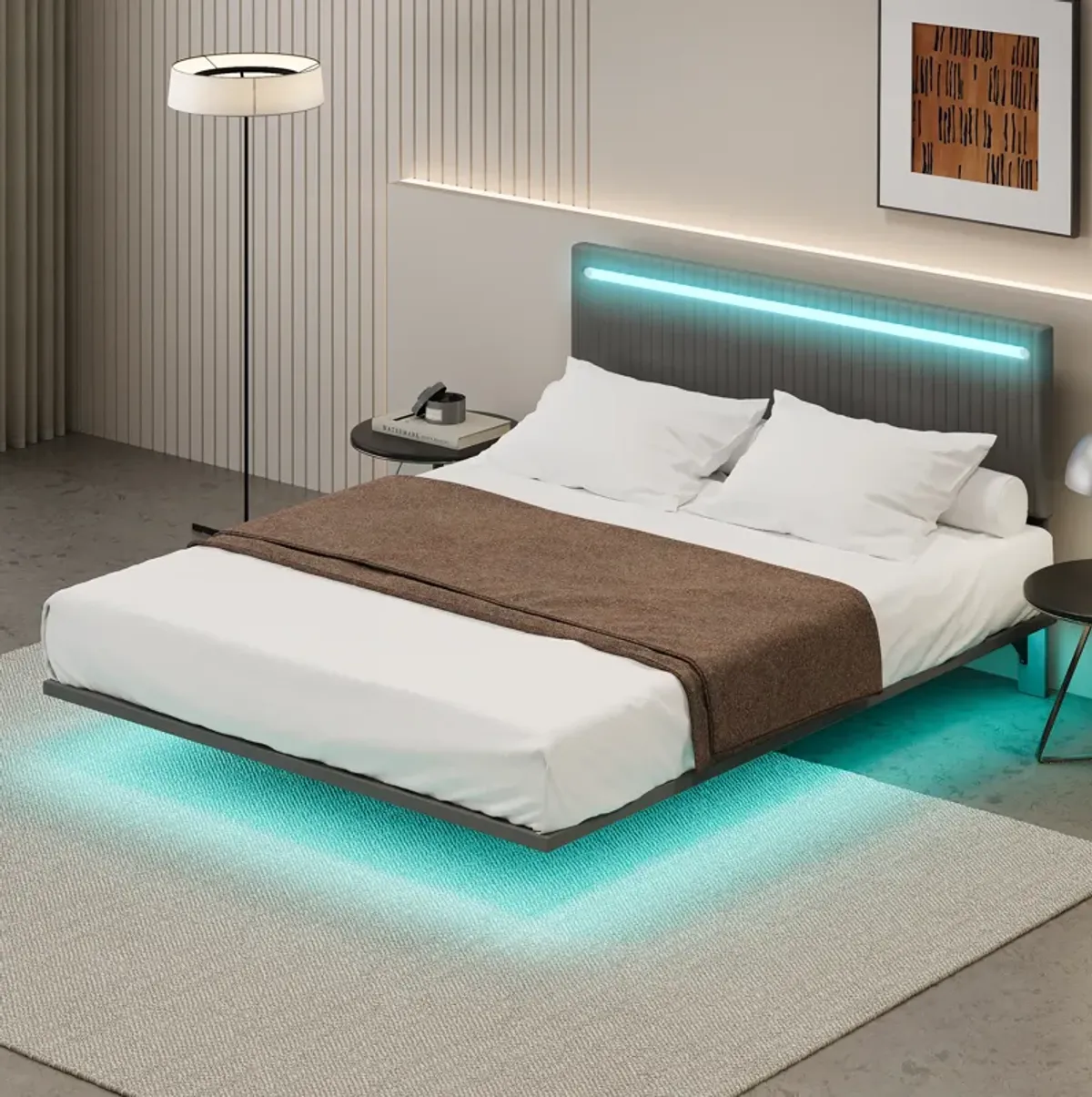 Merax Modern Upholstered Floating Bed Frame with LED Lights