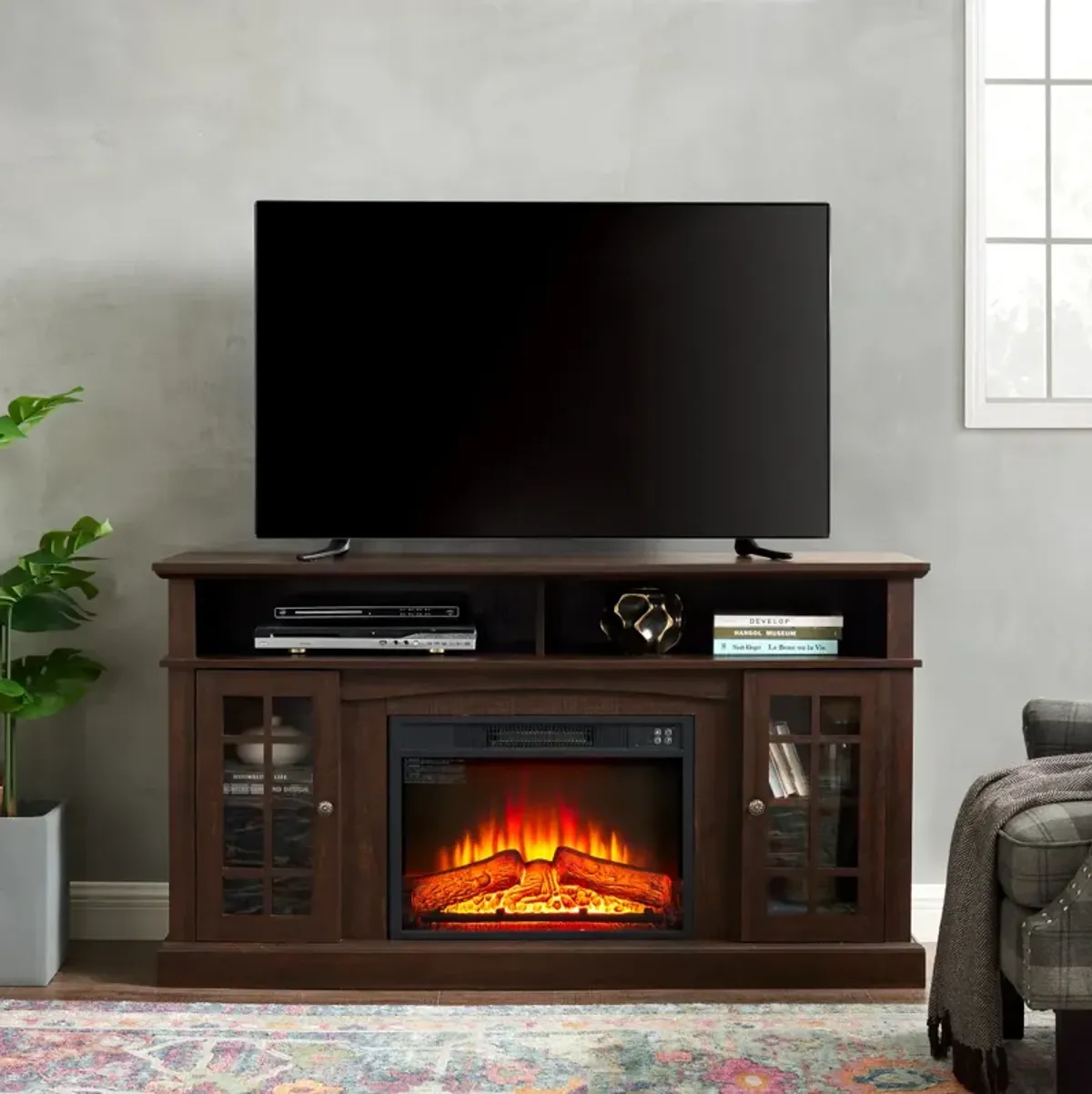 Modern TV Stand with Fireplace Insert, Espresso, 58.25" W