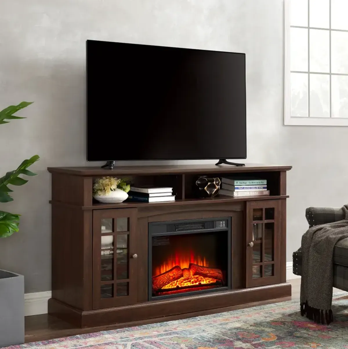 Streamdale Modern TV Stand with Fireplace Insert, Espresso, 58.25" W
