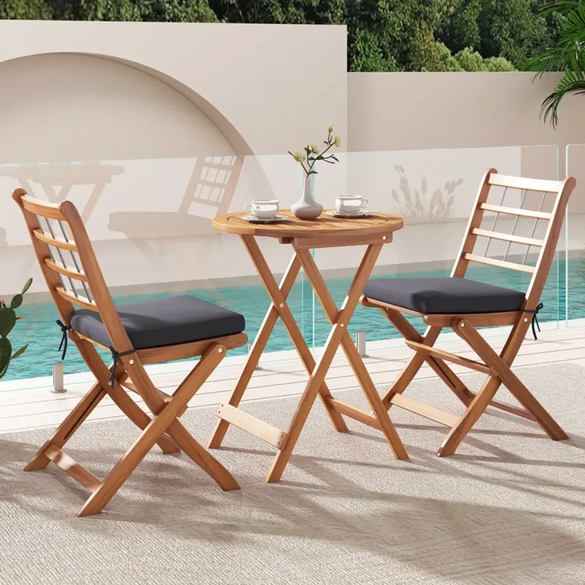 3 Pieces Acacia Wood Patio Bistro Set with Cushions