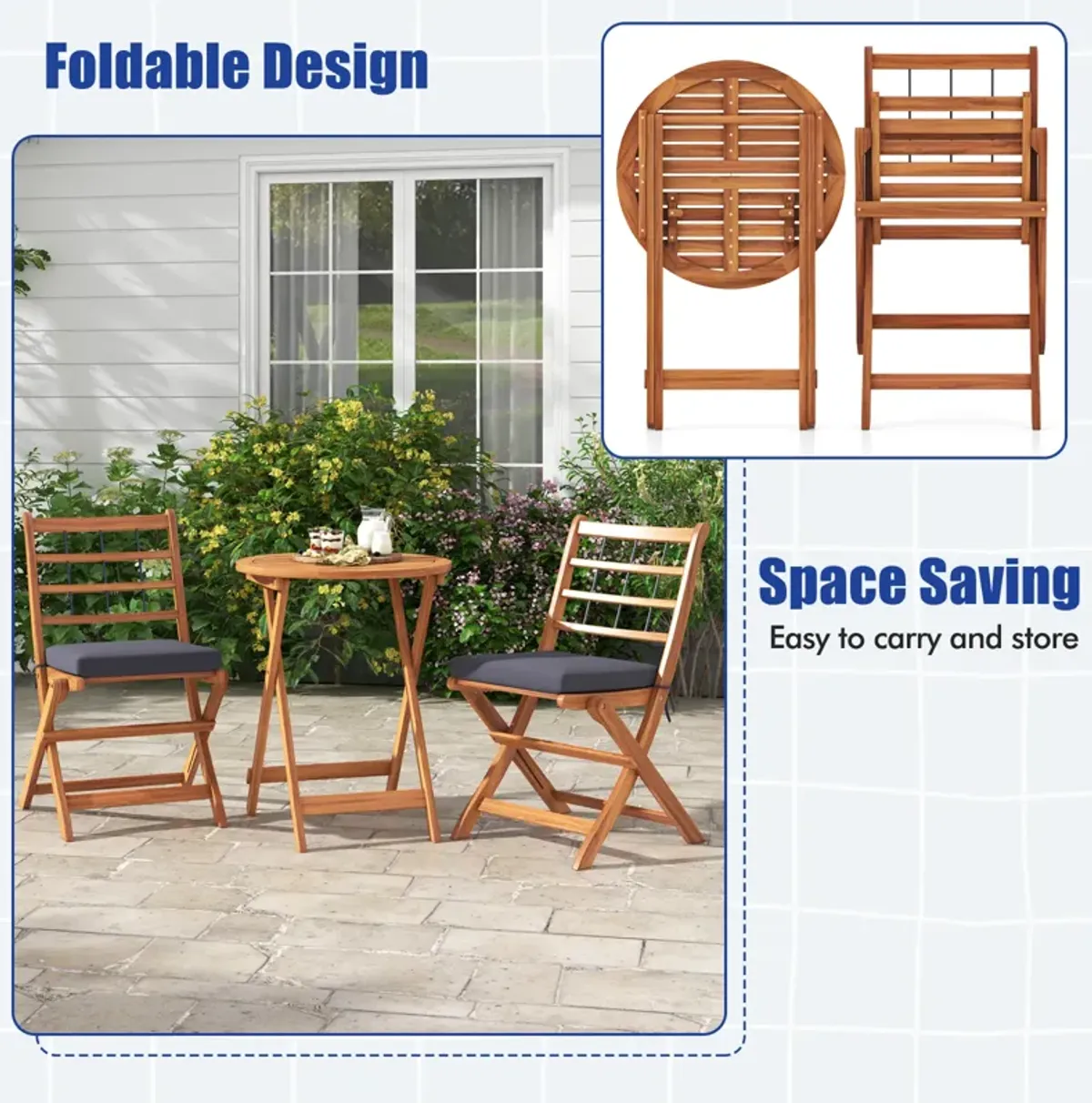 3 Pieces Acacia Wood Patio Bistro Set with Cushions