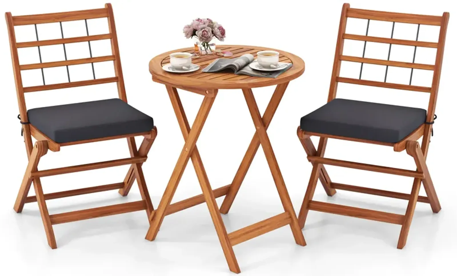 3 Pieces Acacia Wood Patio Bistro Set with Cushions