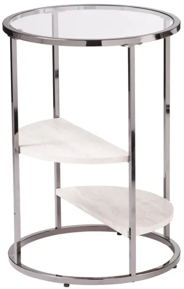 Hivvago 24" Black Metal Glass And Faux Marble Round End Table With Two Shelves