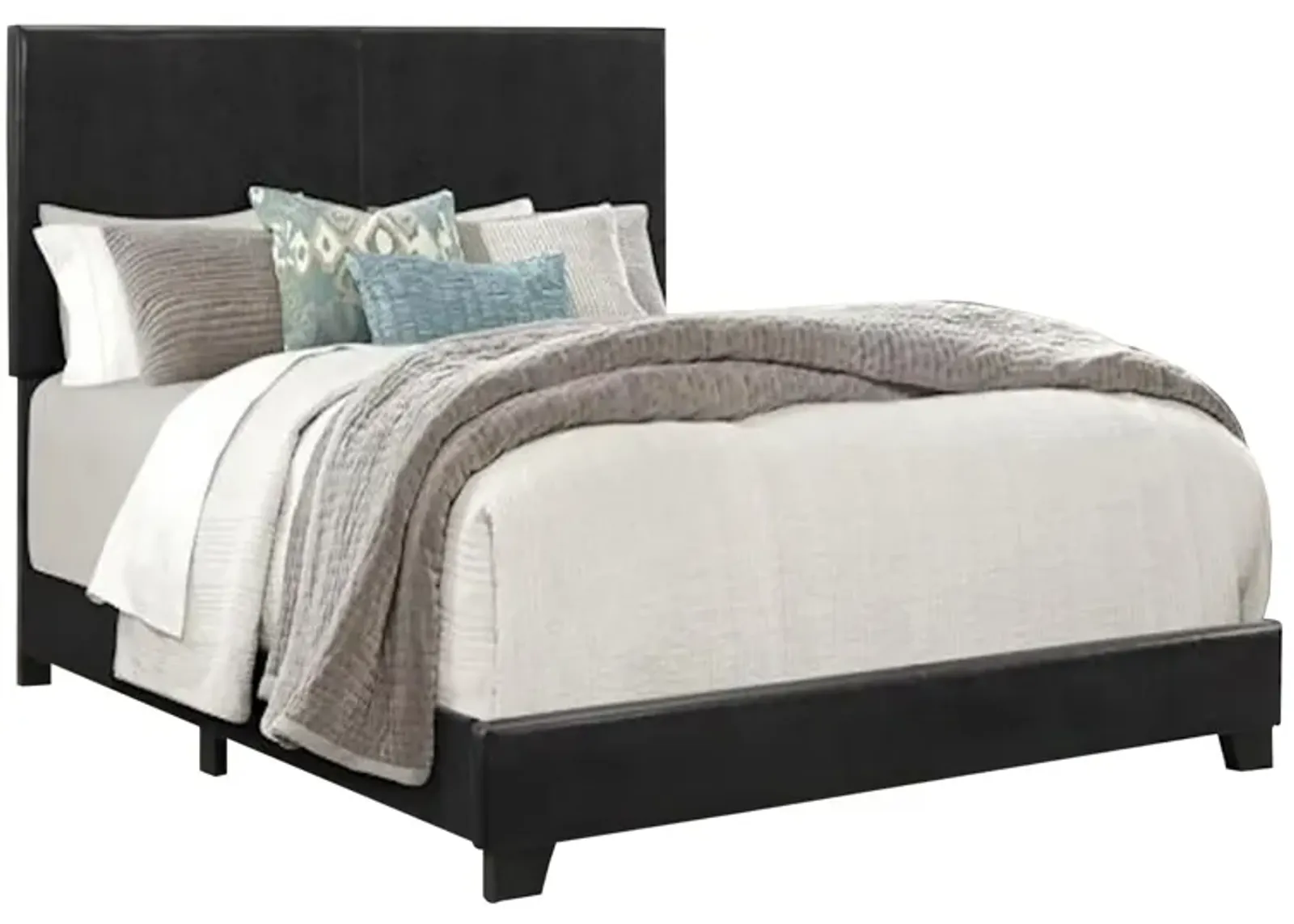 Shirin Queen Size Bed, Wood, Nailhead Trim, Upholstered Headboard, Black - Benzara