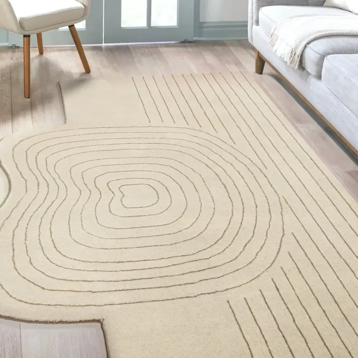 Retro Bohemian Abstract Striped Handwoven Wool Ivory/Beige Area Rug