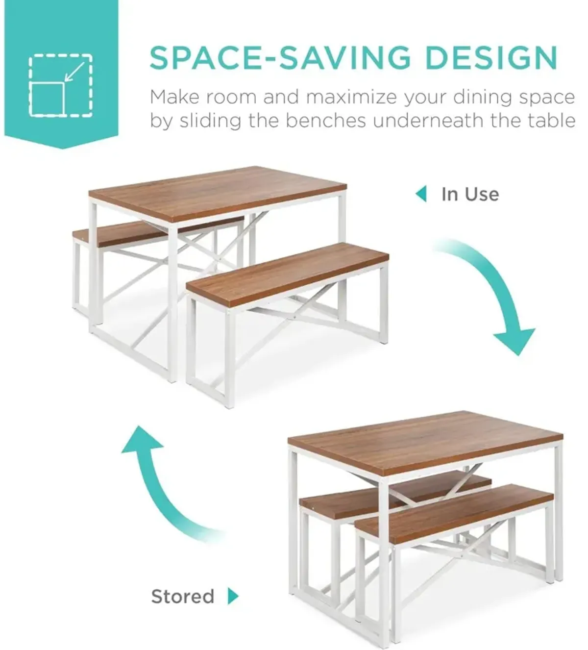 Modern 3 Piece Dining Set Wood Top White Metal Frame Table and 2 Bench Chairs