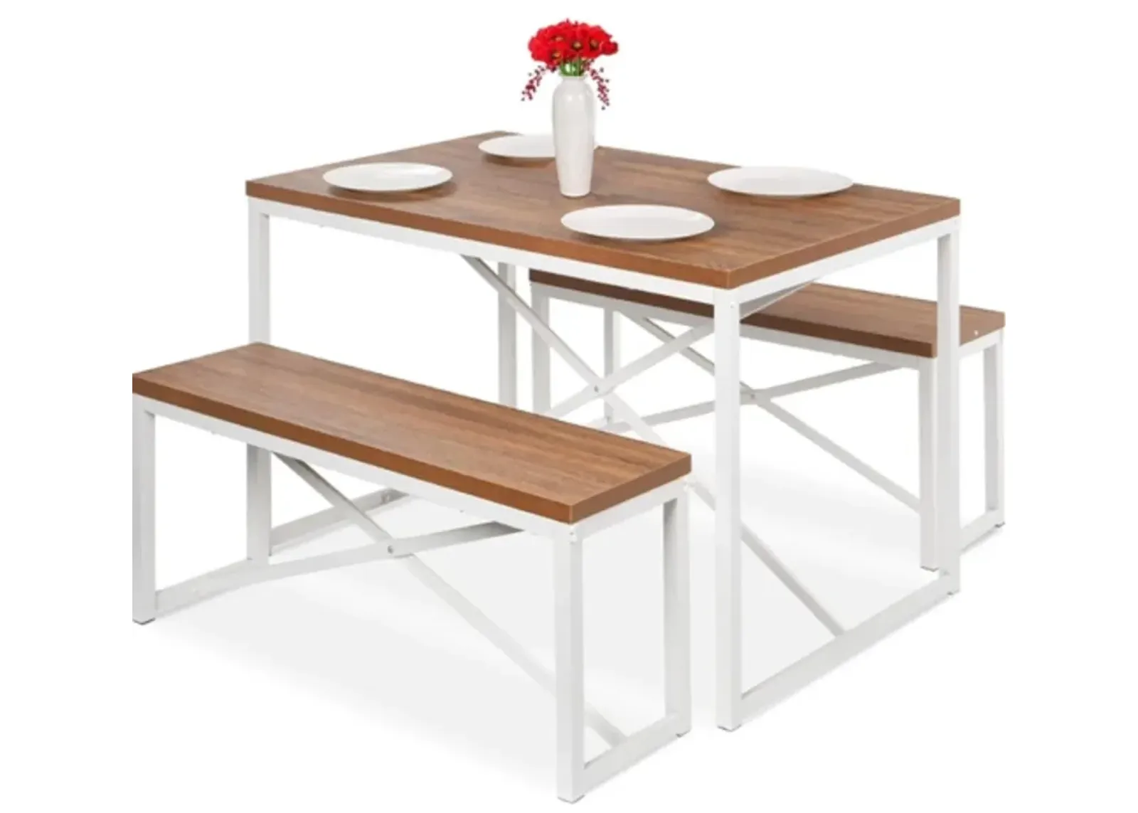 Modern 3 Piece Dining Set Wood Top White Metal Frame Table and 2 Bench Chairs