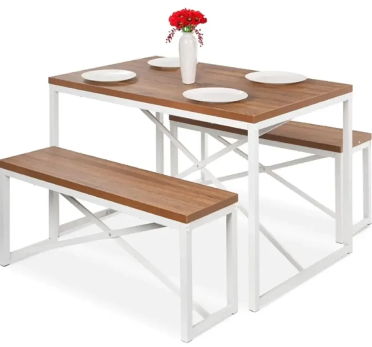 Modern 3 Piece Dining Set Wood Top White Metal Frame Table and 2 Bench Chairs