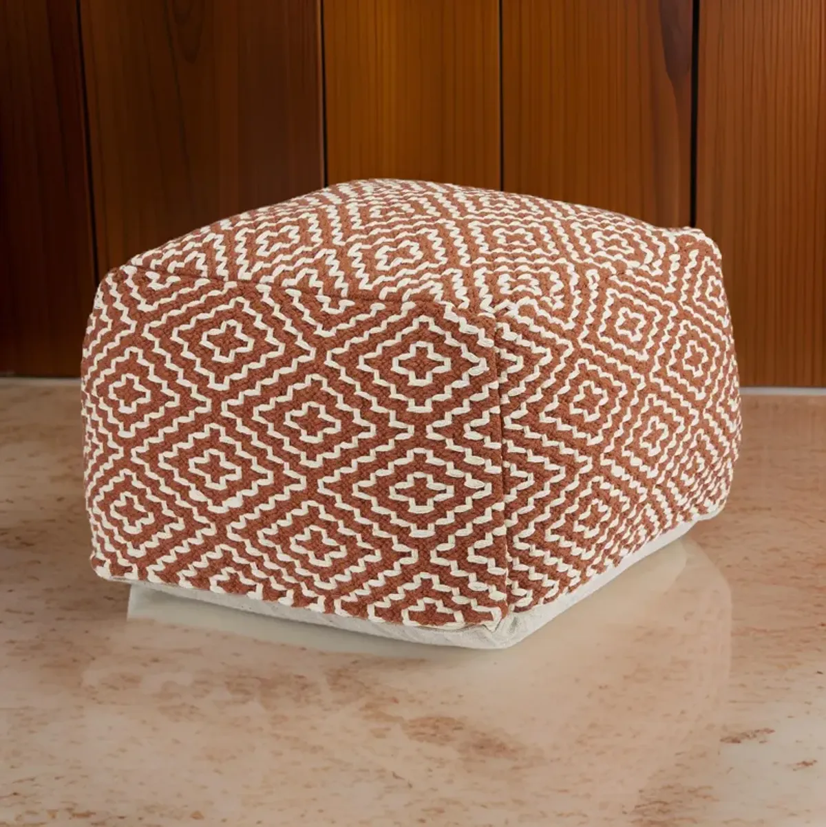 Sena 22 Inch Ottoman Pouf, Handwoven Pattern, Zipper Cotton Cover Red White -