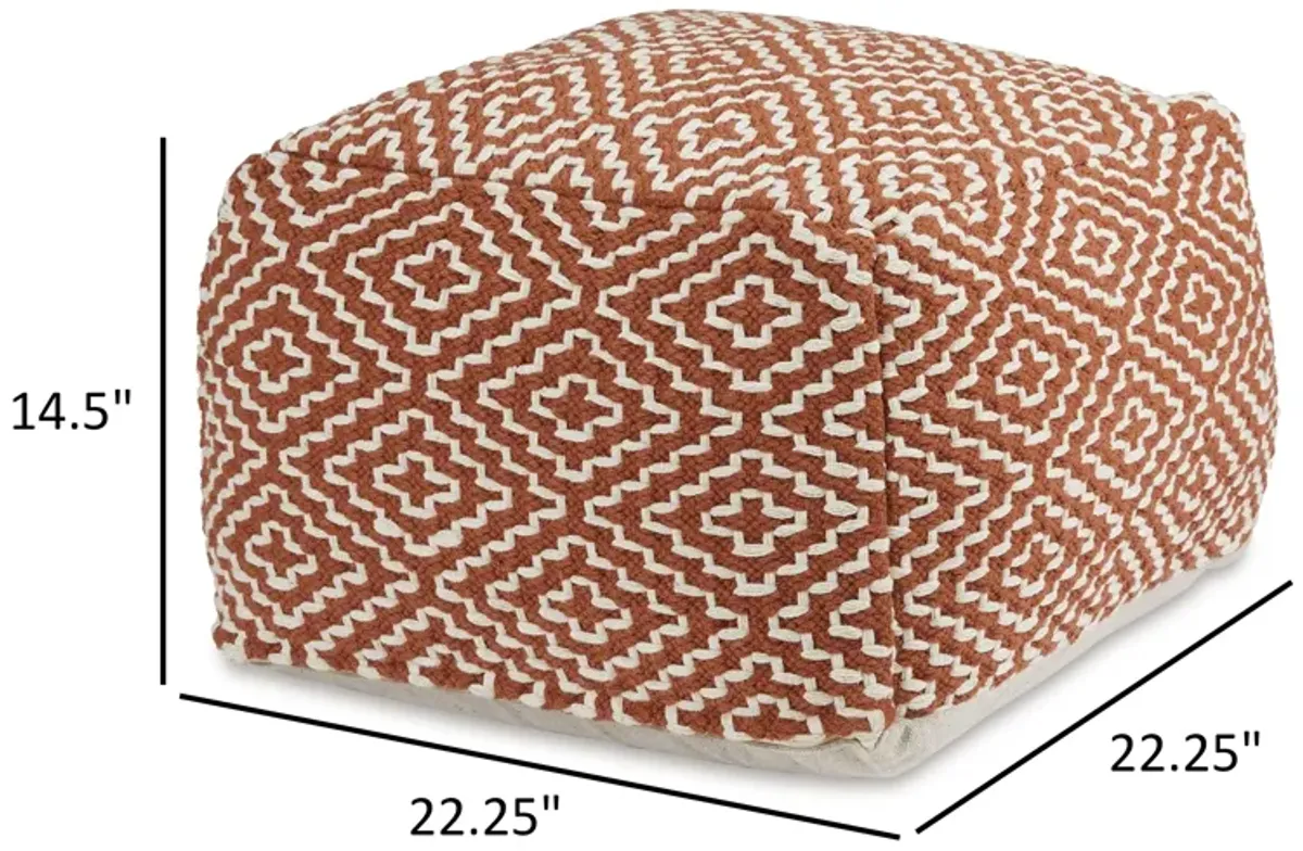 Sena 22 Inch Ottoman Pouf, Handwoven Pattern, Zipper Cotton Cover Red White -