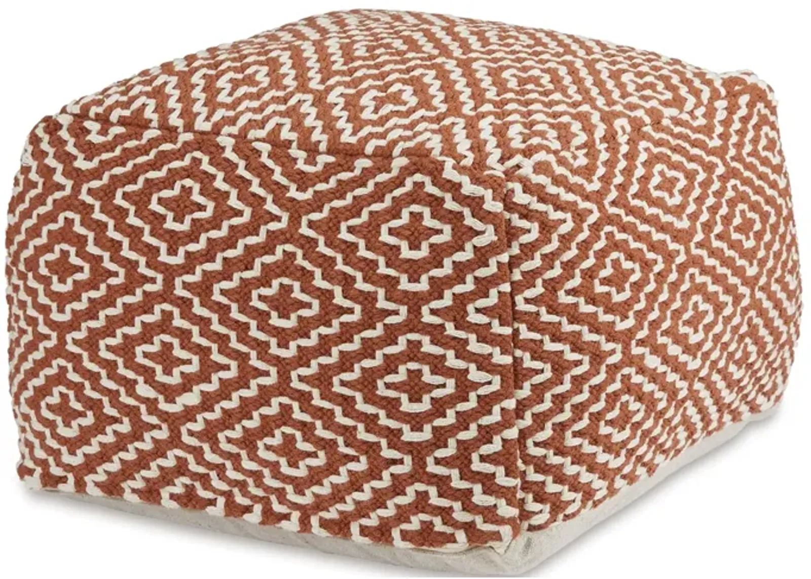 Sena 22 Inch Ottoman Pouf, Handwoven Pattern, Zipper Cotton Cover Red White -