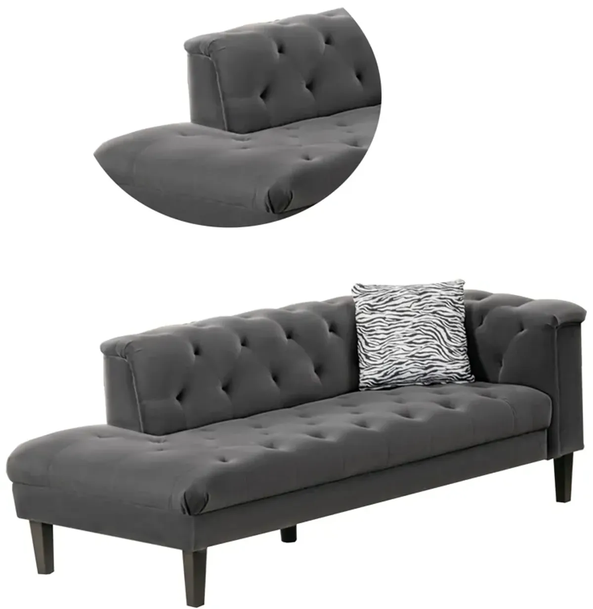 Aki 77 Inch Chaise Lounger with Pillow, Deep Button Tufted, Gray Velvet-Benzara