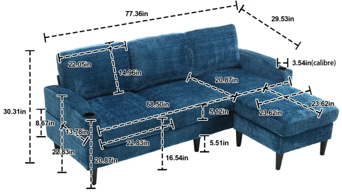 Sofa for three, solid wood frame, Chenille fabric, side pocket, with two cup holders, footstool with storagestorage sofa /Living room sofa cozy sectional sofa