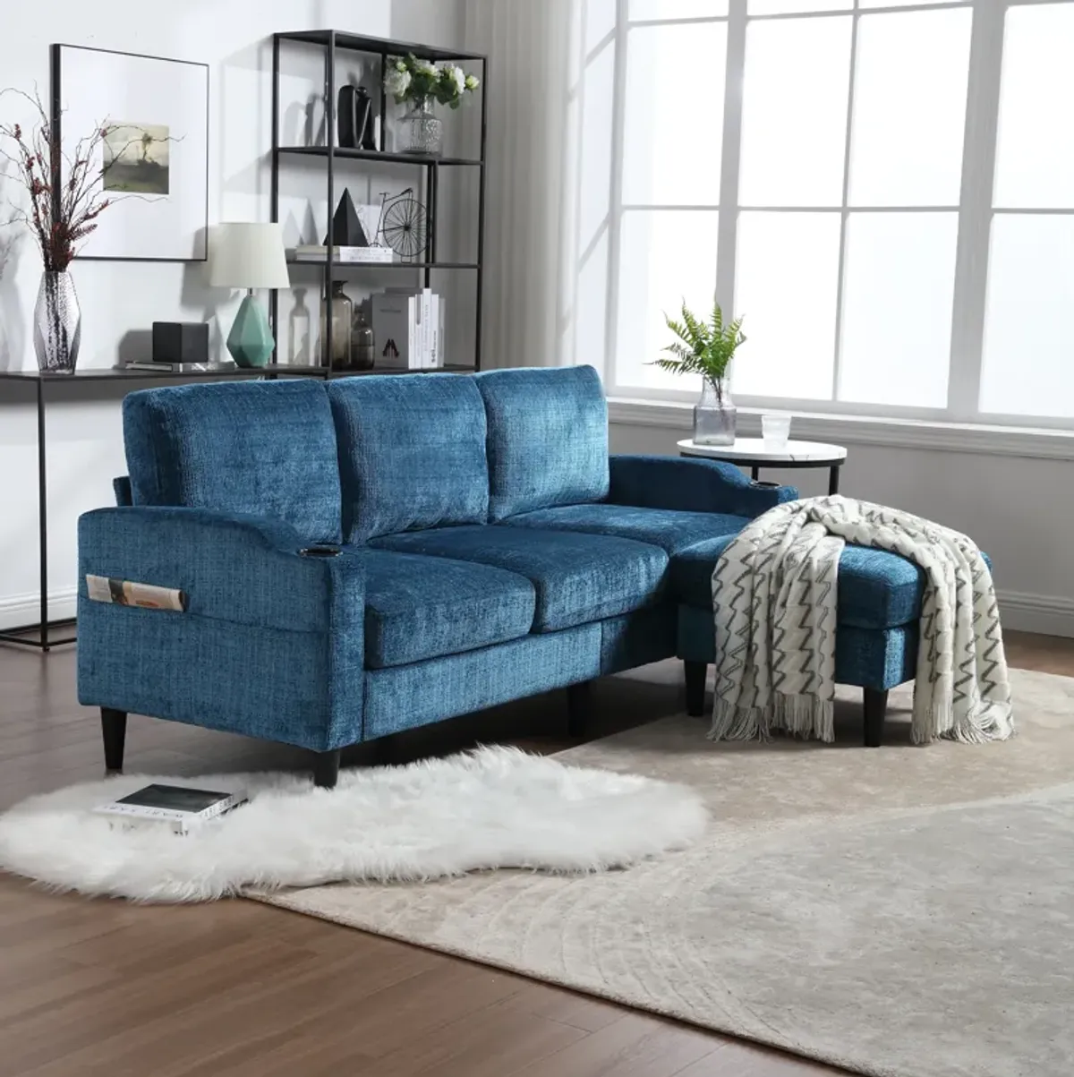 Sofa for three, solid wood frame, Chenille fabric, side pocket, with two cup holders, footstool with storagestorage sofa /Living room sofa cozy sectional sofa