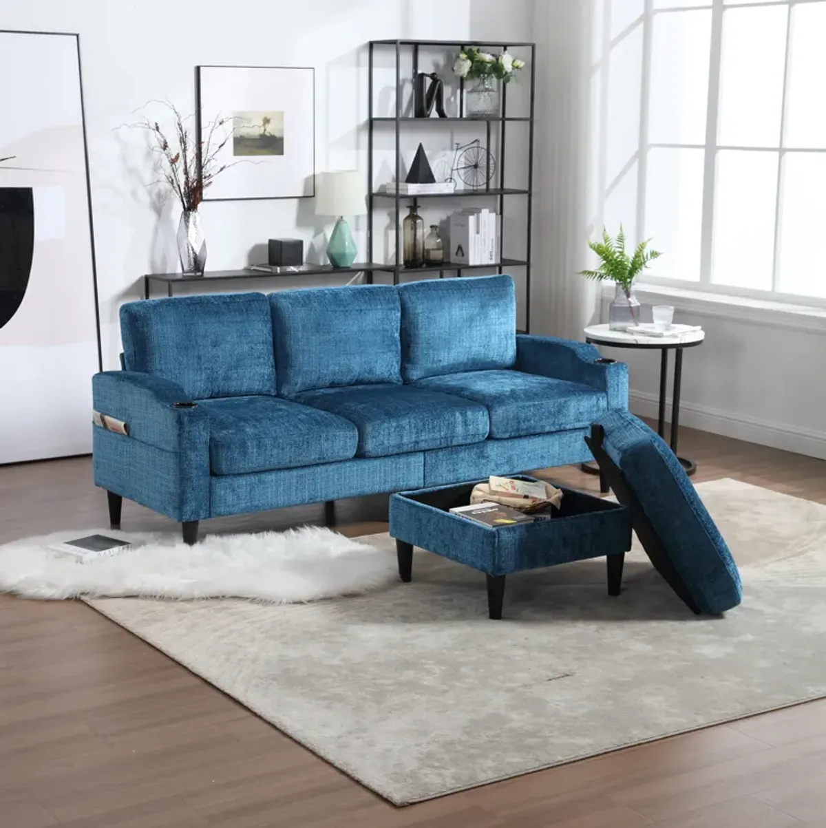 Sofa for three, solid wood frame, Chenille fabric, side pocket, with two cup holders, footstool with storagestorage sofa /Living room sofa cozy sectional sofa