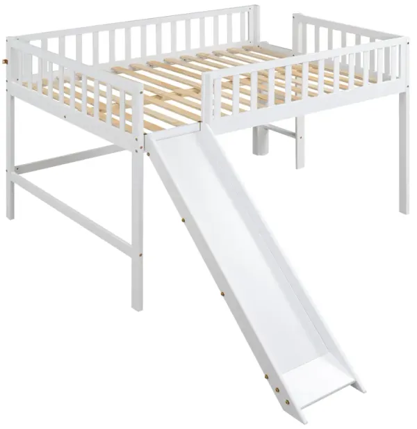 Whisen Modern and Simple Wood Full Size Low Loft Bed with Ladder and Slide - White