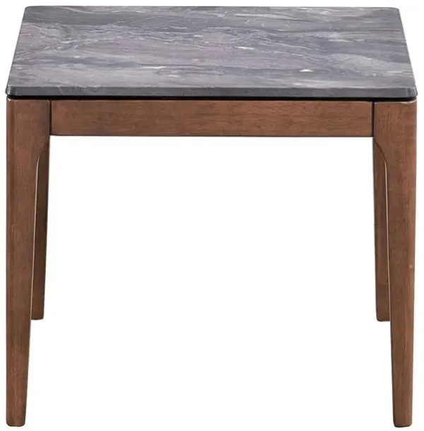 Evis Side End Table, 24 Inch Square Gray Faux Stone Top, Brown Wood - Benzara