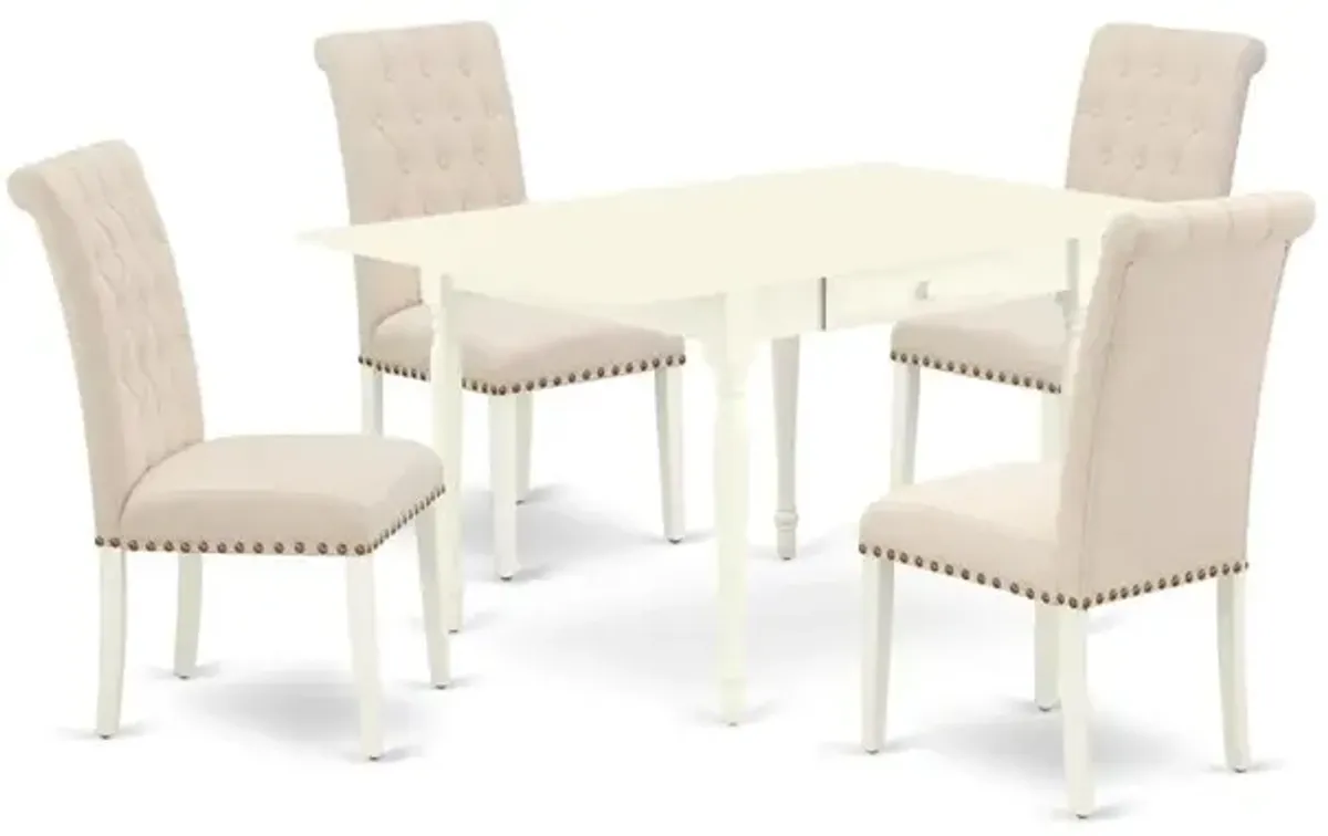 1MZBR5-LWH-02 5Pc Dinette Set Includes a Small Table and 4 Parsons Dining Chairs with Light Beige Color Linen Fabric, Drop Leaf Table with Full Back Chairs, Linen White Finish