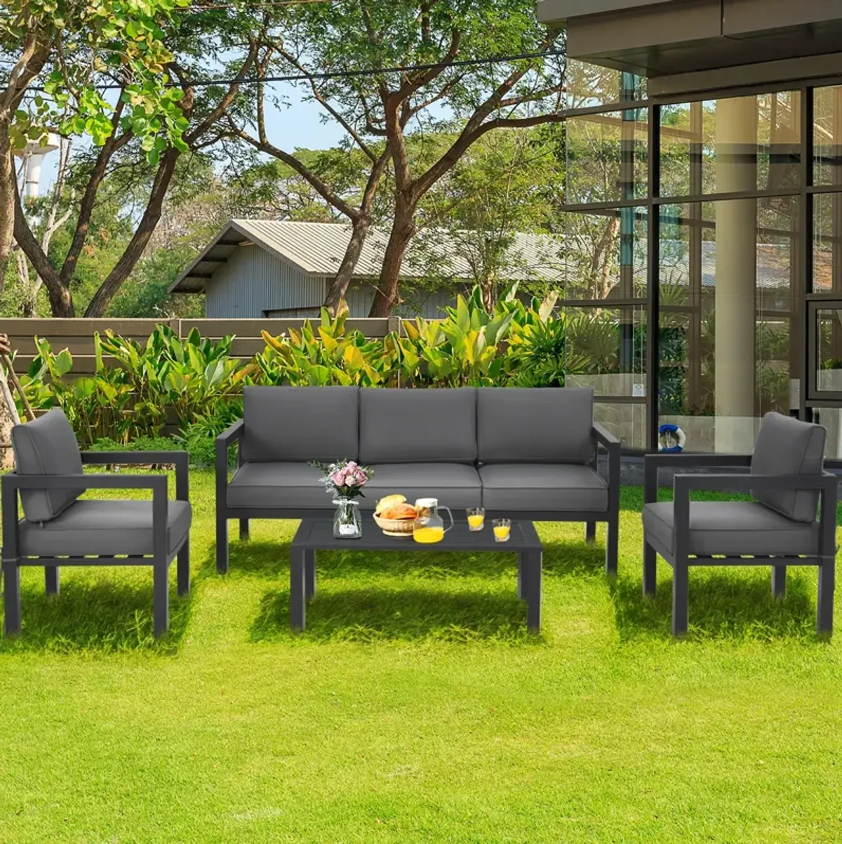 4 Pieces Outdoor Furniture Set for Backyard and Poolside-Gray