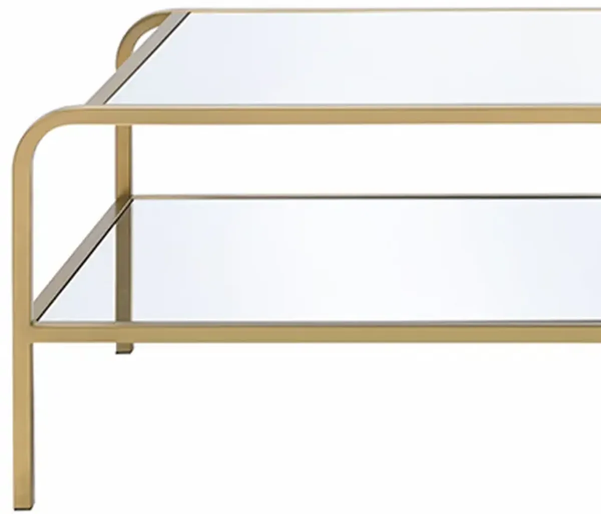 Metal Framed Mirror Coffee Table with Tiered Shelves, Gold and Mirror-Benzara