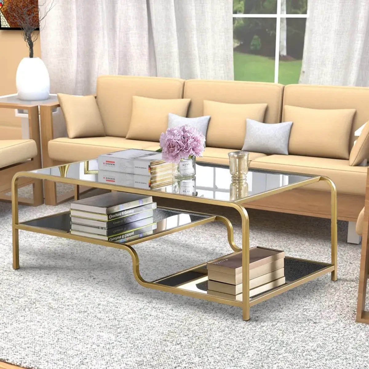 Metal Framed Mirror Coffee Table with Tiered Shelves, Gold and Mirror-Benzara