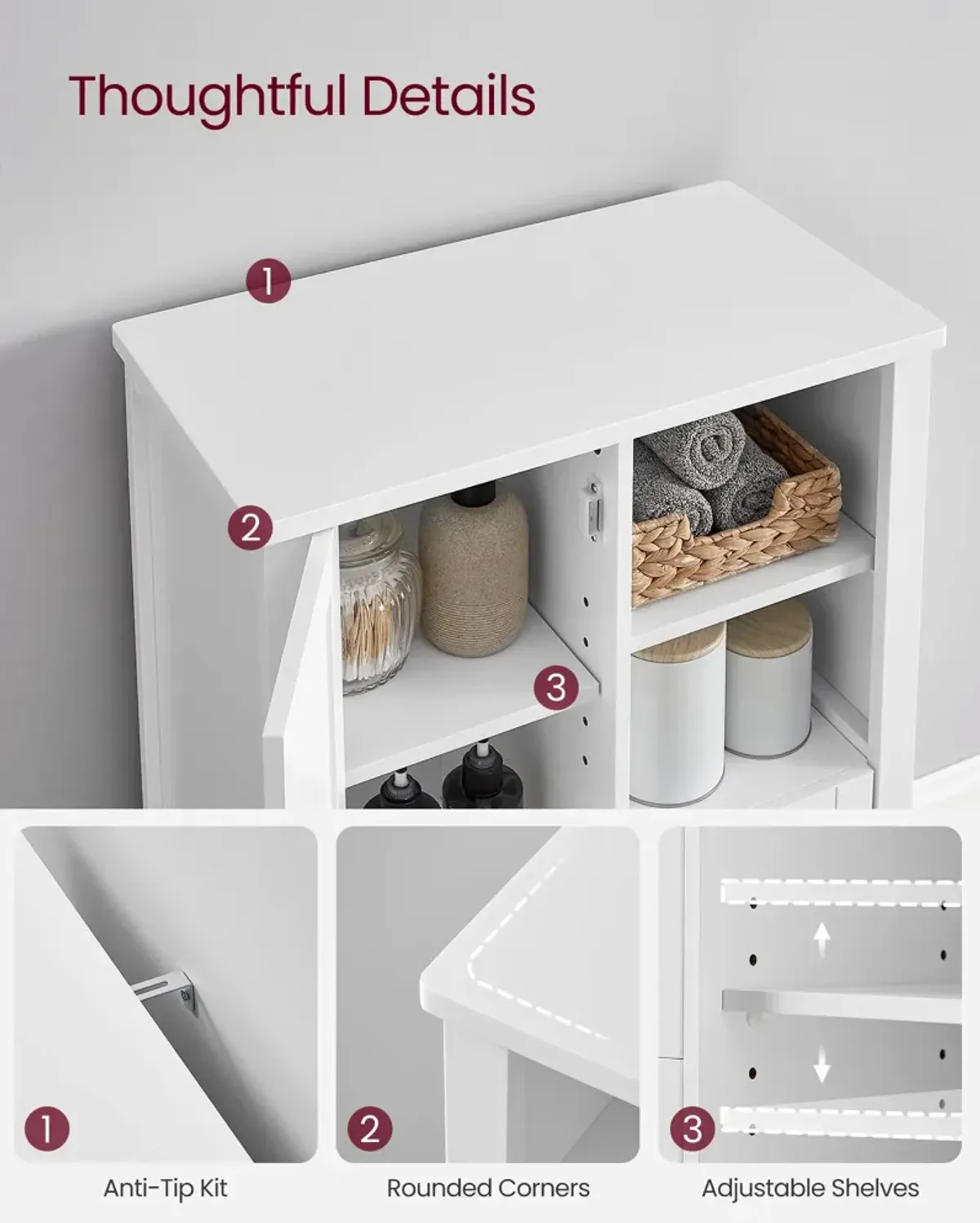 Bathroom Floor Storage Cabinet with Adjustable Shelves