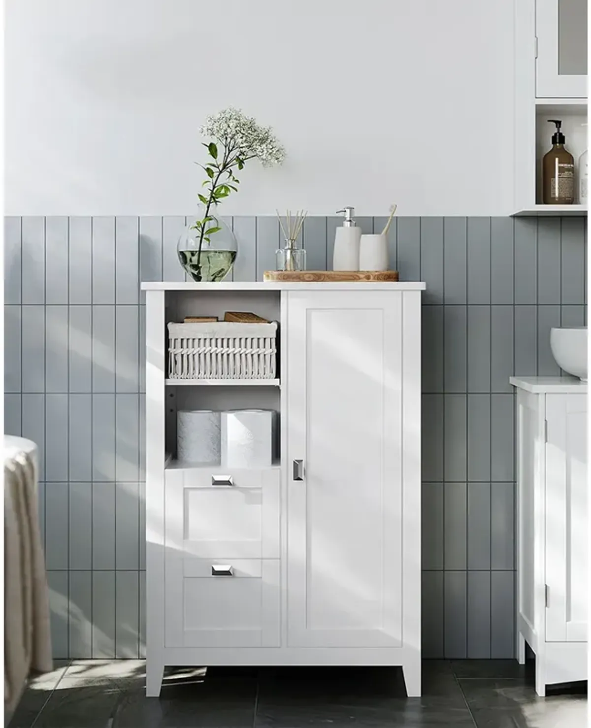 Bathroom Floor Storage Cabinet with Adjustable Shelves