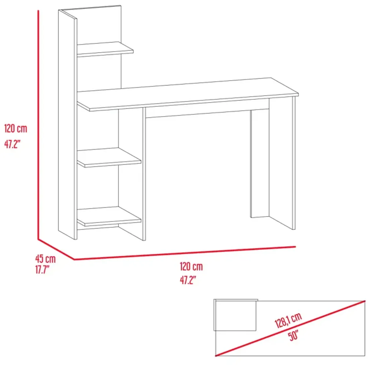 Vilna 120 Writing Desk, Four Shelves - Light Oak White