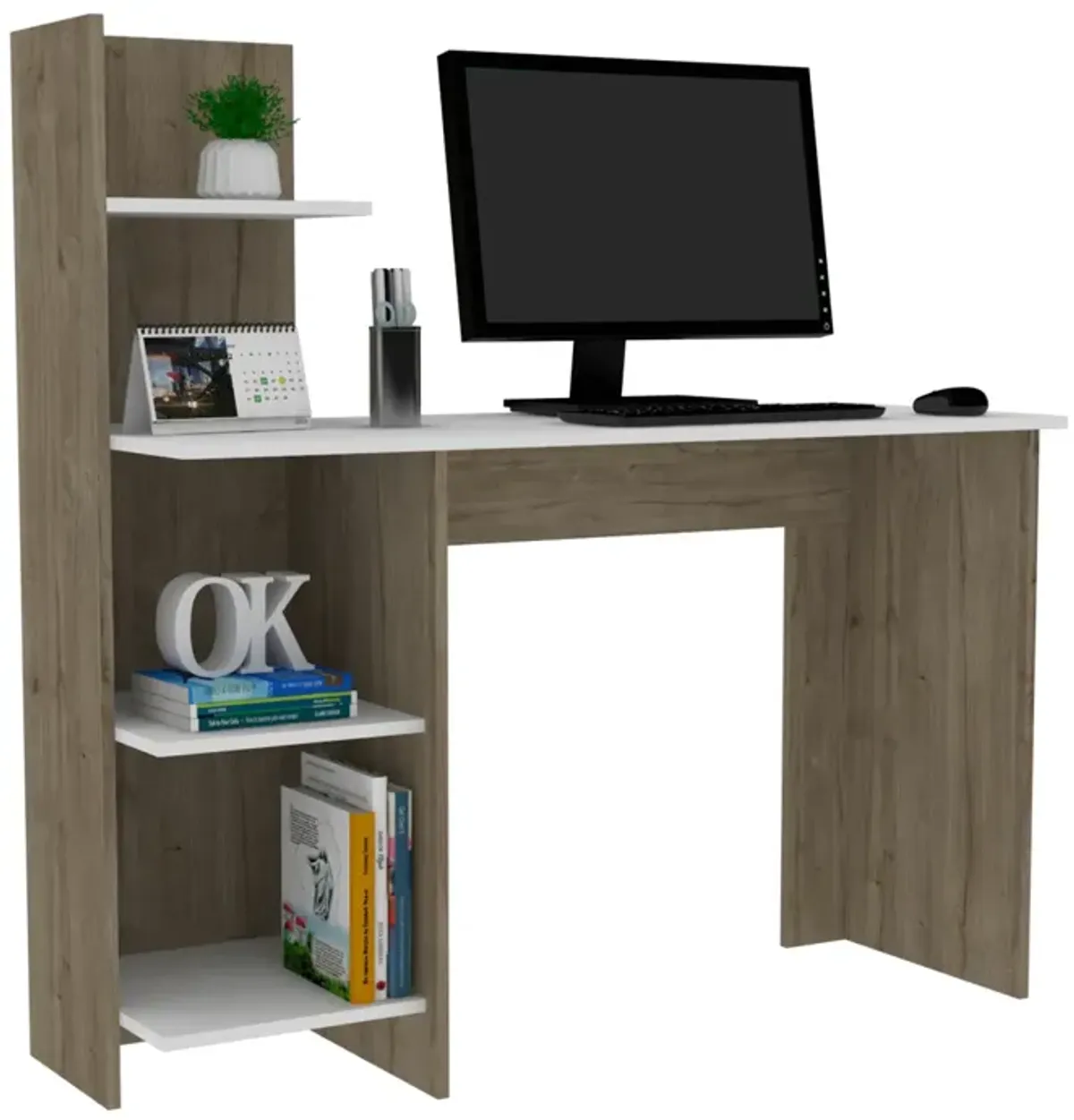 Vilna 120 Writing Desk, Four Shelves - Light Oak White