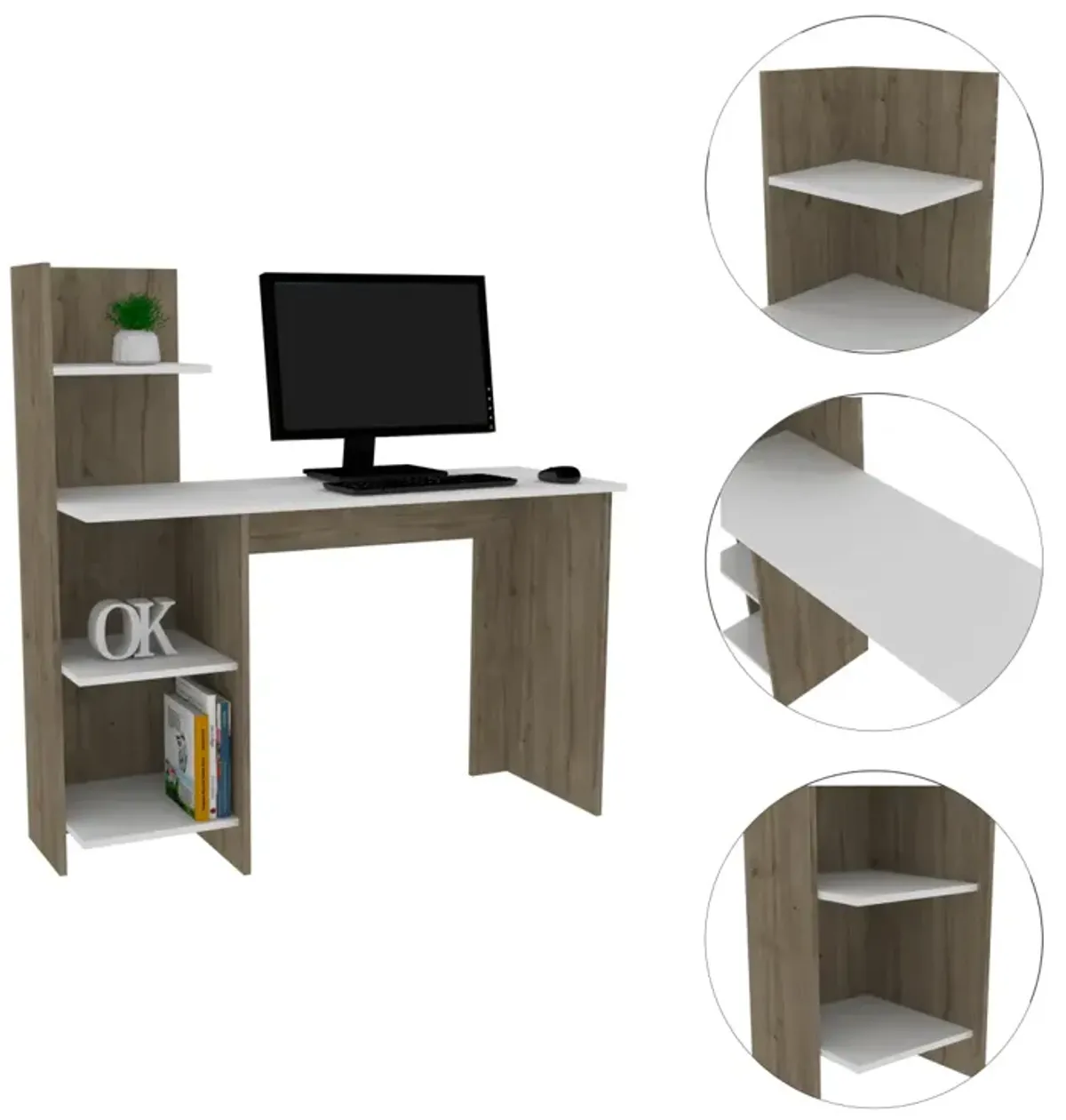 Vilna 120 Writing Desk, Four Shelves - Light Oak White