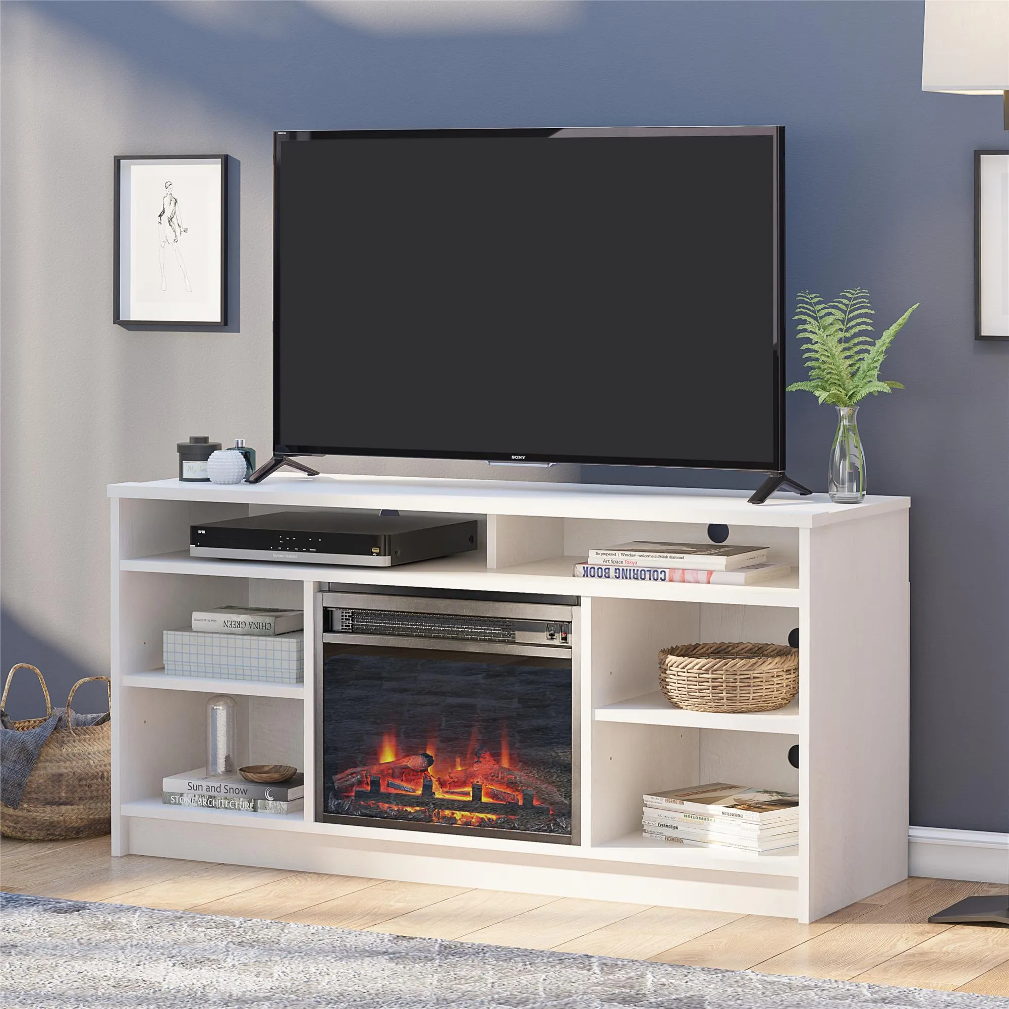 Hickory Hill 55" TV Stand with Electric Fireplace Insert and 6 Shelves