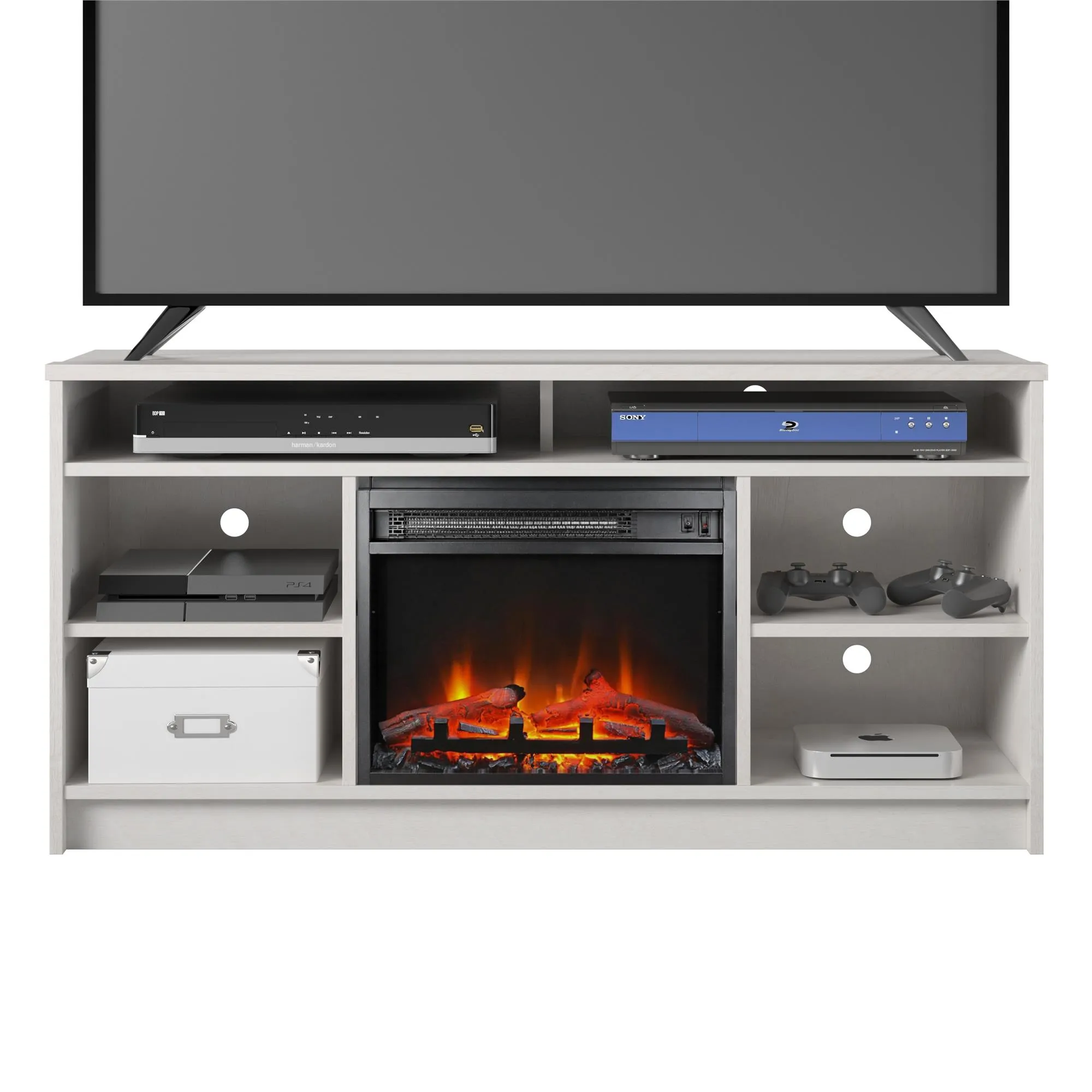 Hickory Hill 55" TV Stand with Electric Fireplace Insert and 6 Shelves