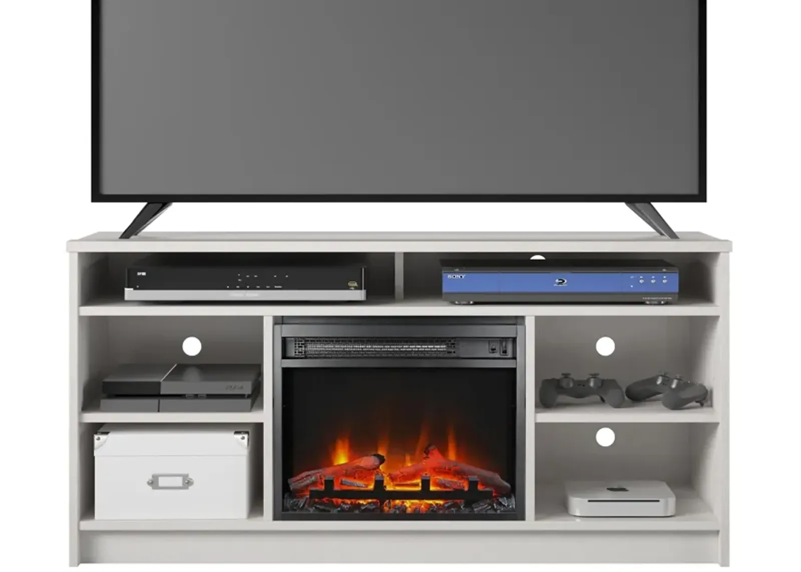 REALROOMS Hickory Hill 55" TV Stand with Electric Fireplace Space Heater and 6 Shelves