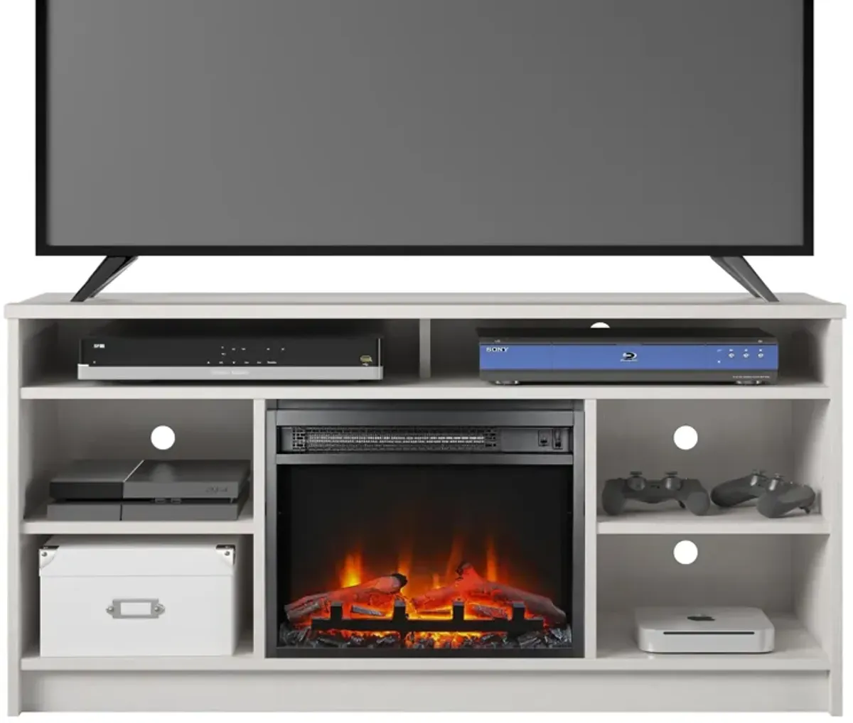 REALROOMS Hickory Hill 55" TV Stand with Electric Fireplace Space Heater and 6 Shelves