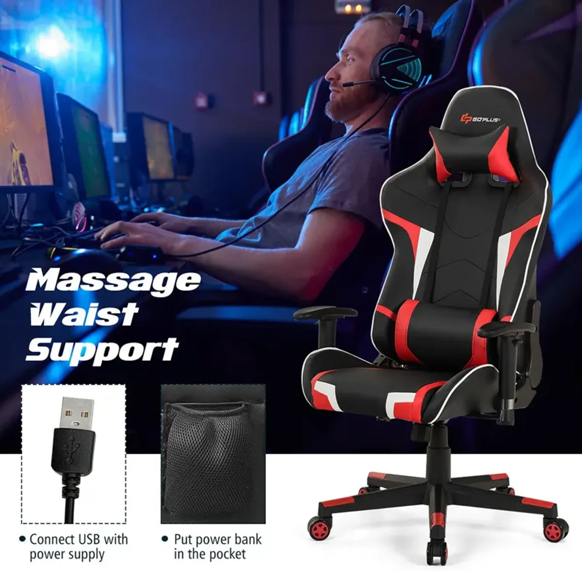 Goplus Massage Gaming Chair Reclining Swivel Racing Office Chair w/Lumbar Support Blue