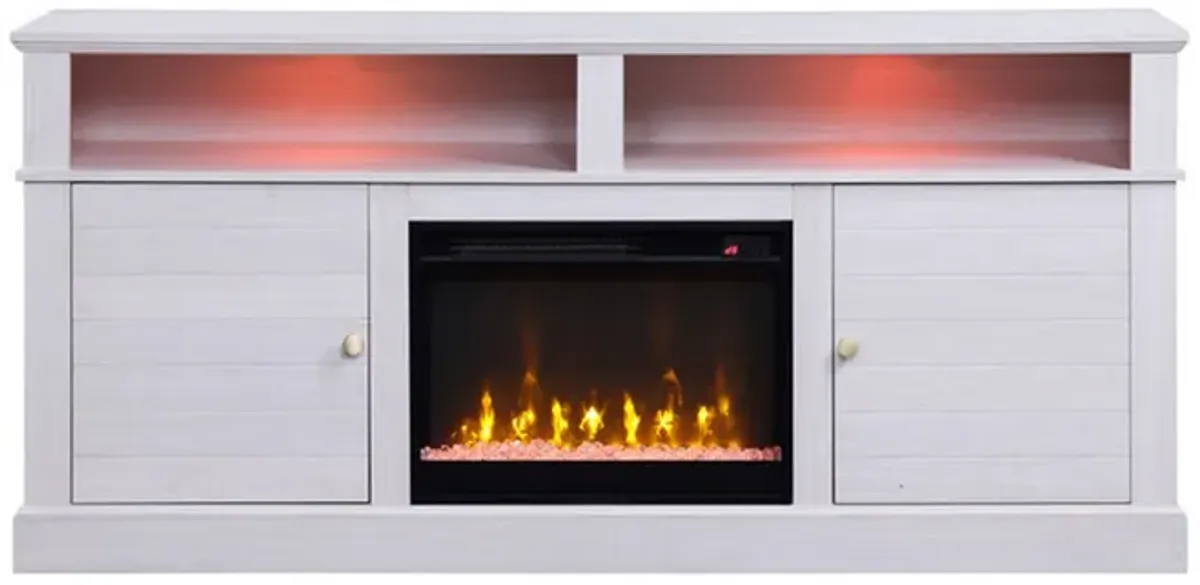 Cier 70 Inch TV Console with LED Fireplace Heater, Plinth Base, White, Gold - Benzara