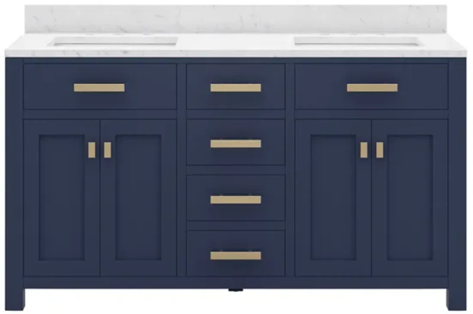 Madison 60 In. Double Sink Carrara White Marble Countertop Bath Vanity In Monarch Blue with Satin Gold Hardware