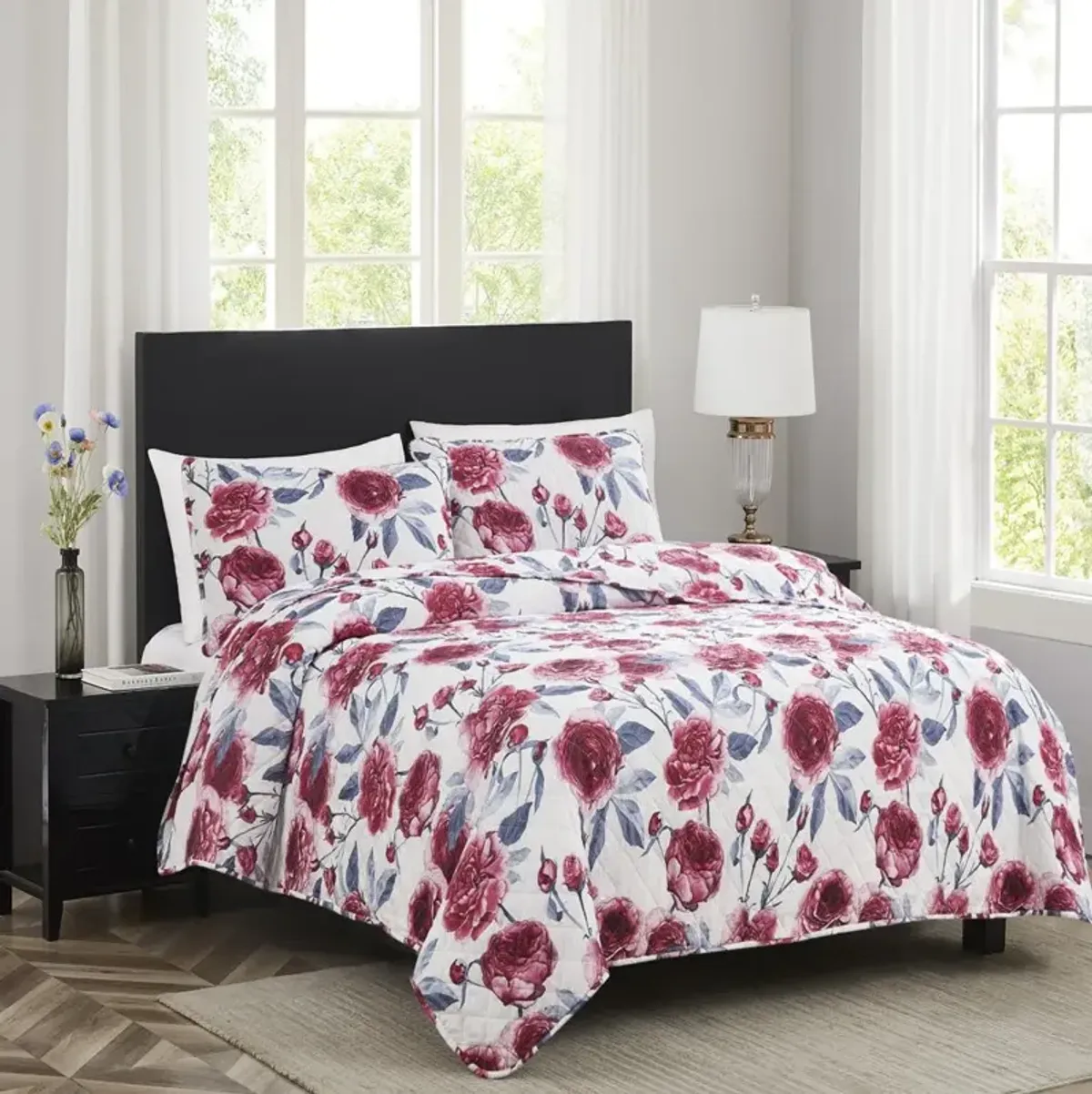 RT Designers Collection Melrose Rose 3-Pieces Elegant Stitched Quilt Set OB King Multicolor