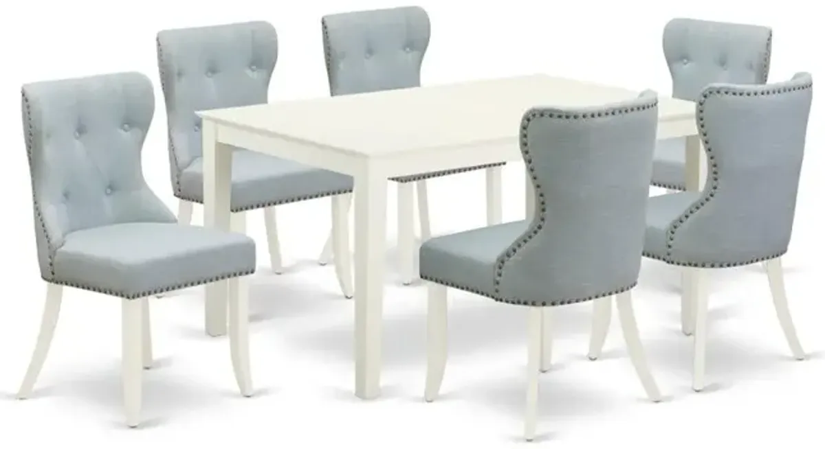 East-West Furniture CASI7-LWH-15 - A dining set of 6 fantastic dining chairs with Linen Fabric Baby Blue color and a lovely dinner table with Linen White color
