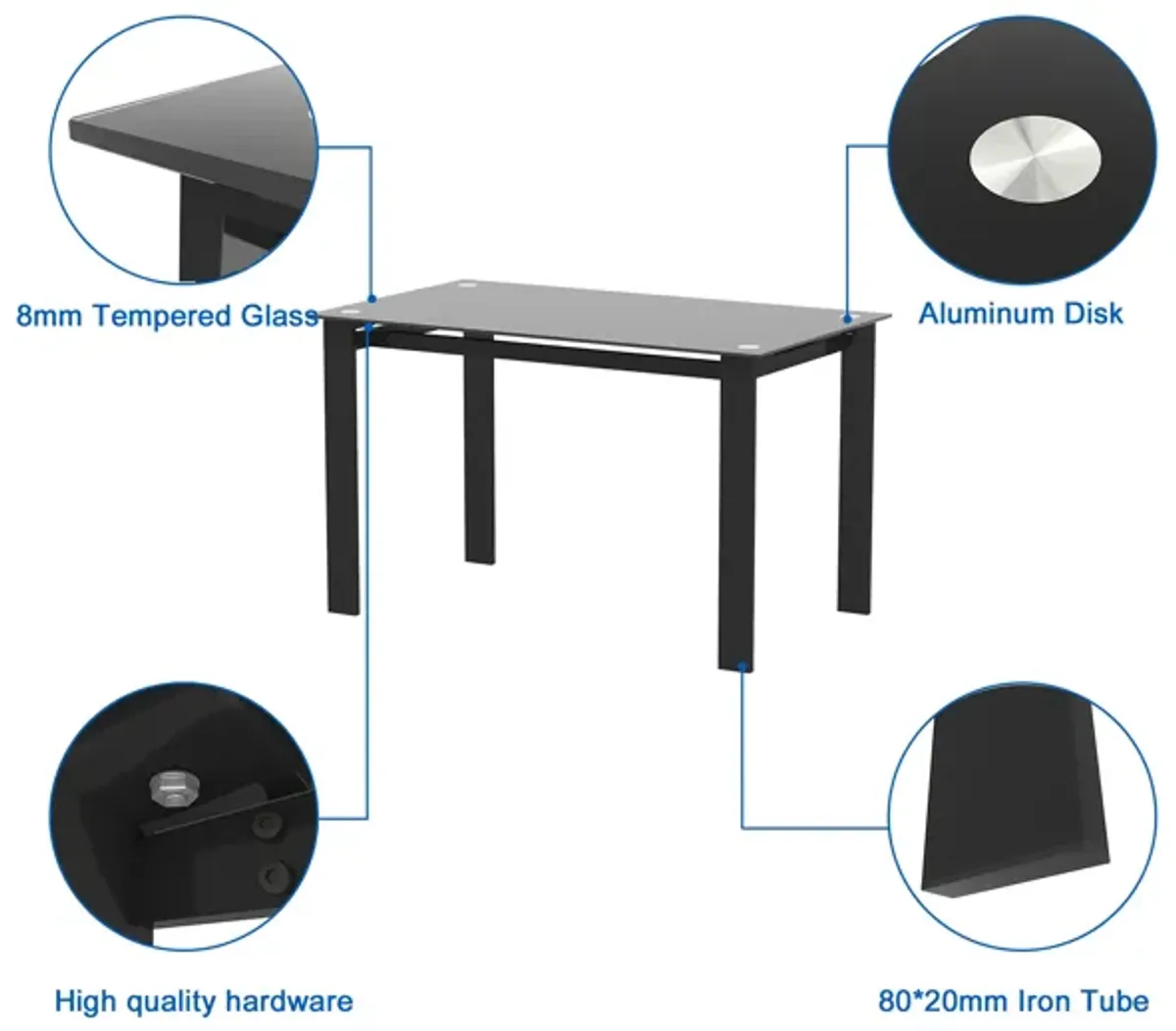 Tansole 47.3 in. Rectangle Black Glass Top With Metal Frame (Seat 4)