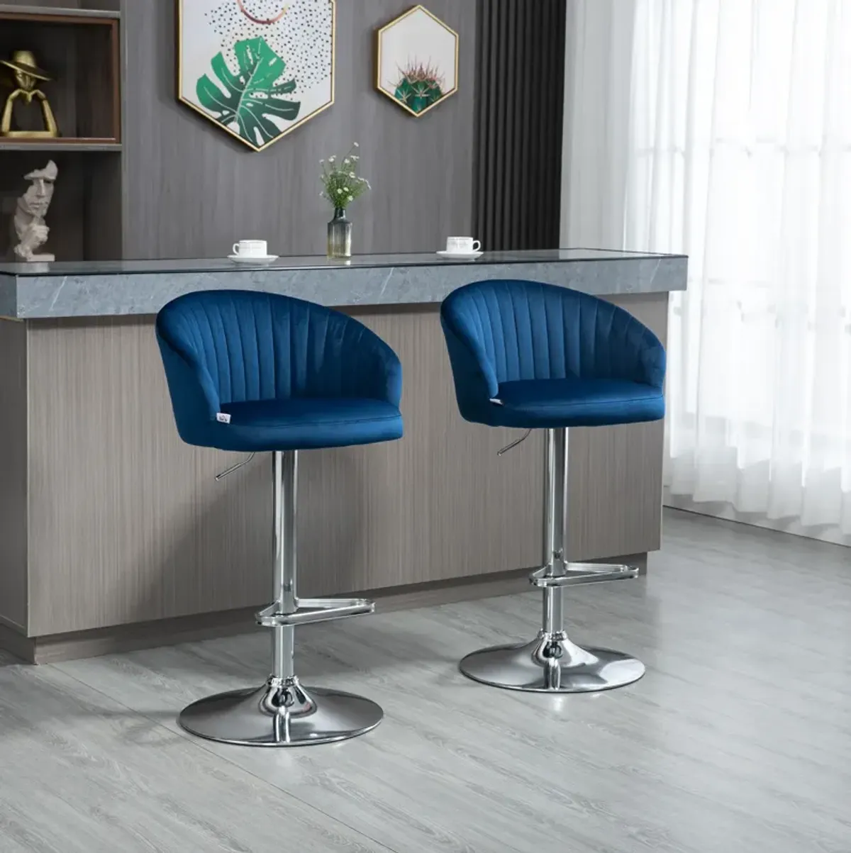 HOMCOM Adjustable Bar Stools Set of 2, Modern Counter Height Barstools, Velvet Fabric Upholstered Kitchen Stools with Swivel Seat, Steel Frame, Footrest, Blue